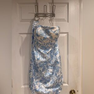 Floral Blue and White Strapless Dress with belt